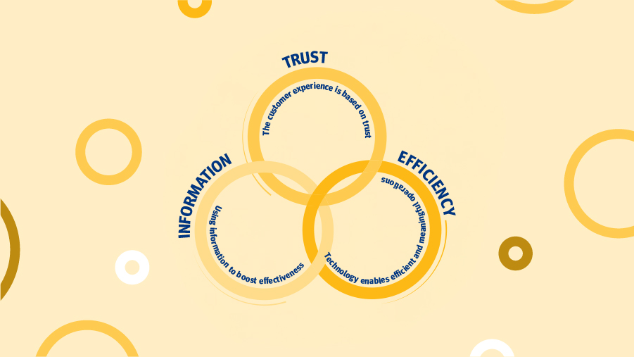 Three interlocking rings with the words: Trust, Knowledge and Efficiency.