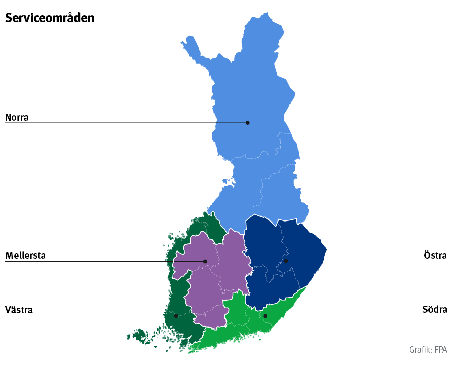 En karta över Finland där Kela delar in kundserviceenheter i fem färgkodade regioner.